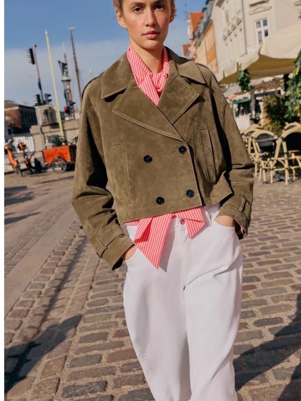 Zara Olive Green Suede Double-Breasted Cropped Pea Coat